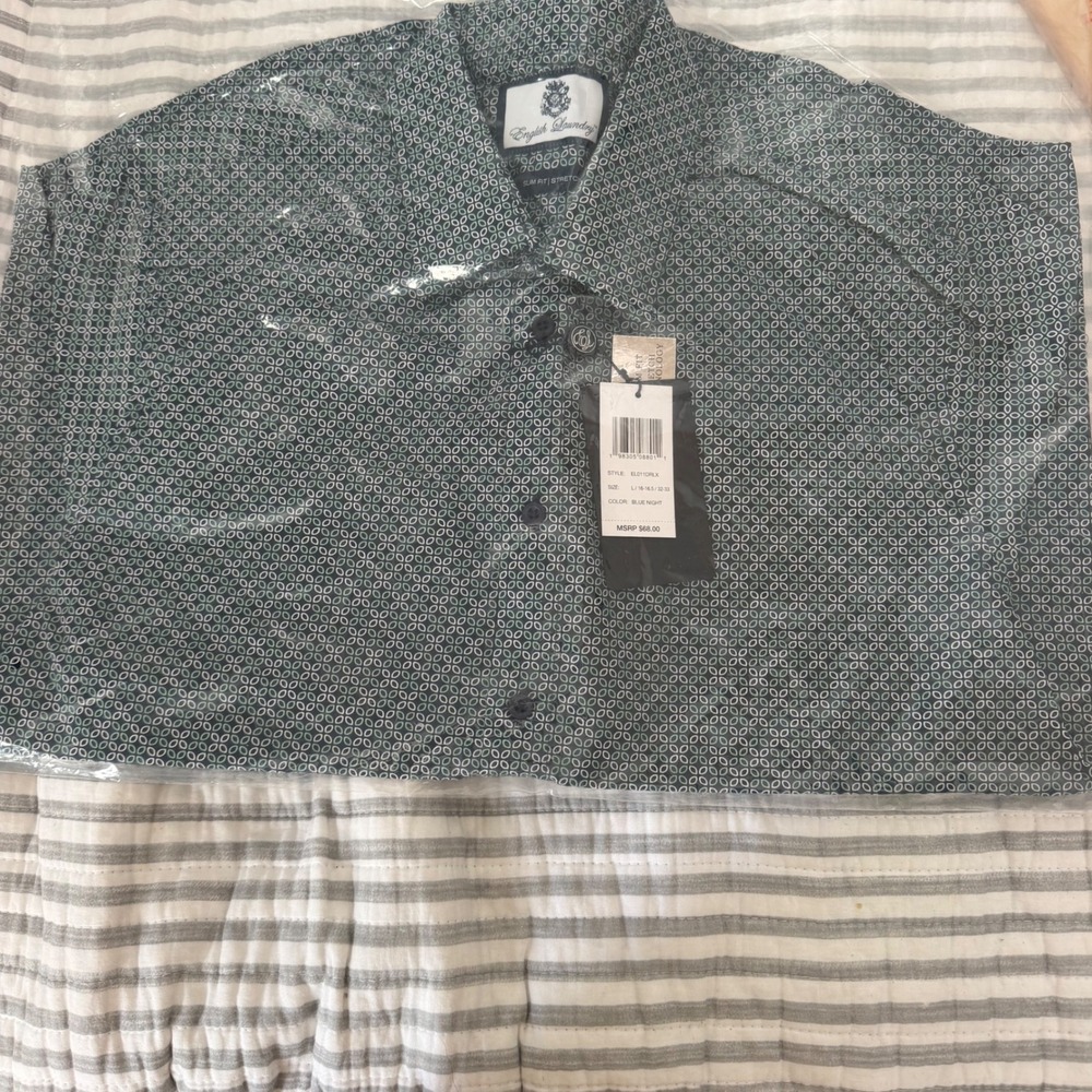 English Laundry Mens Slim Fit Stretch Dress Shirt Blue Night Geometric EL011DRLX